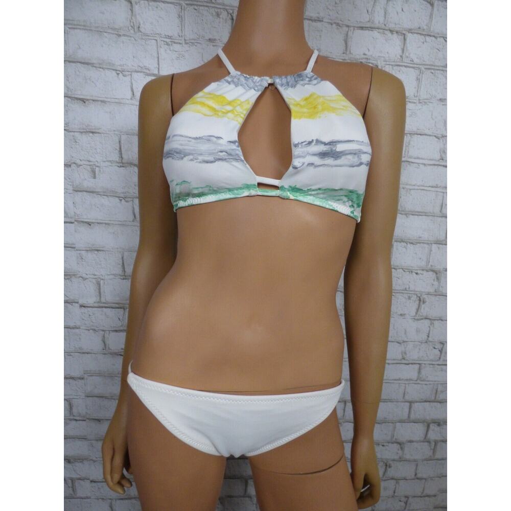 $140 Becca Rebecca Virtue Ivory Green Watercolor Keyhole Bikini Set S NEW B913